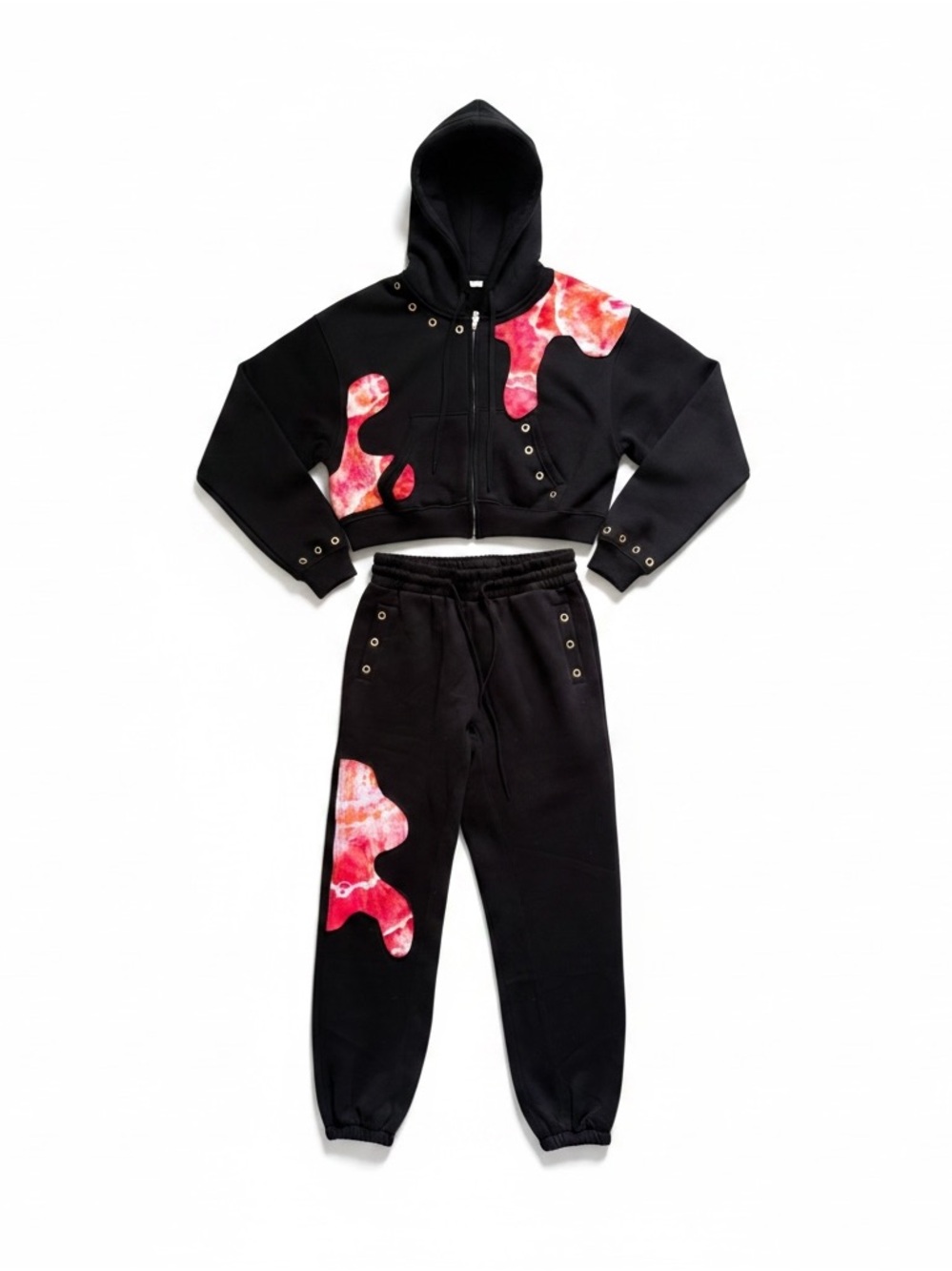 Black Cropped Zip Hoodie & Jogger Set with Custom Red Pink Tie Dye Cut Outs